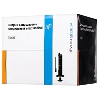 Шприц одноразовый стерильный Vogt Medical 3PC 50/60мл с приложенной иглой луер-слип 18G (1.2*40мм)(25шт/уп) Шприцы одноразовые медицинские купить в Продез Сочи