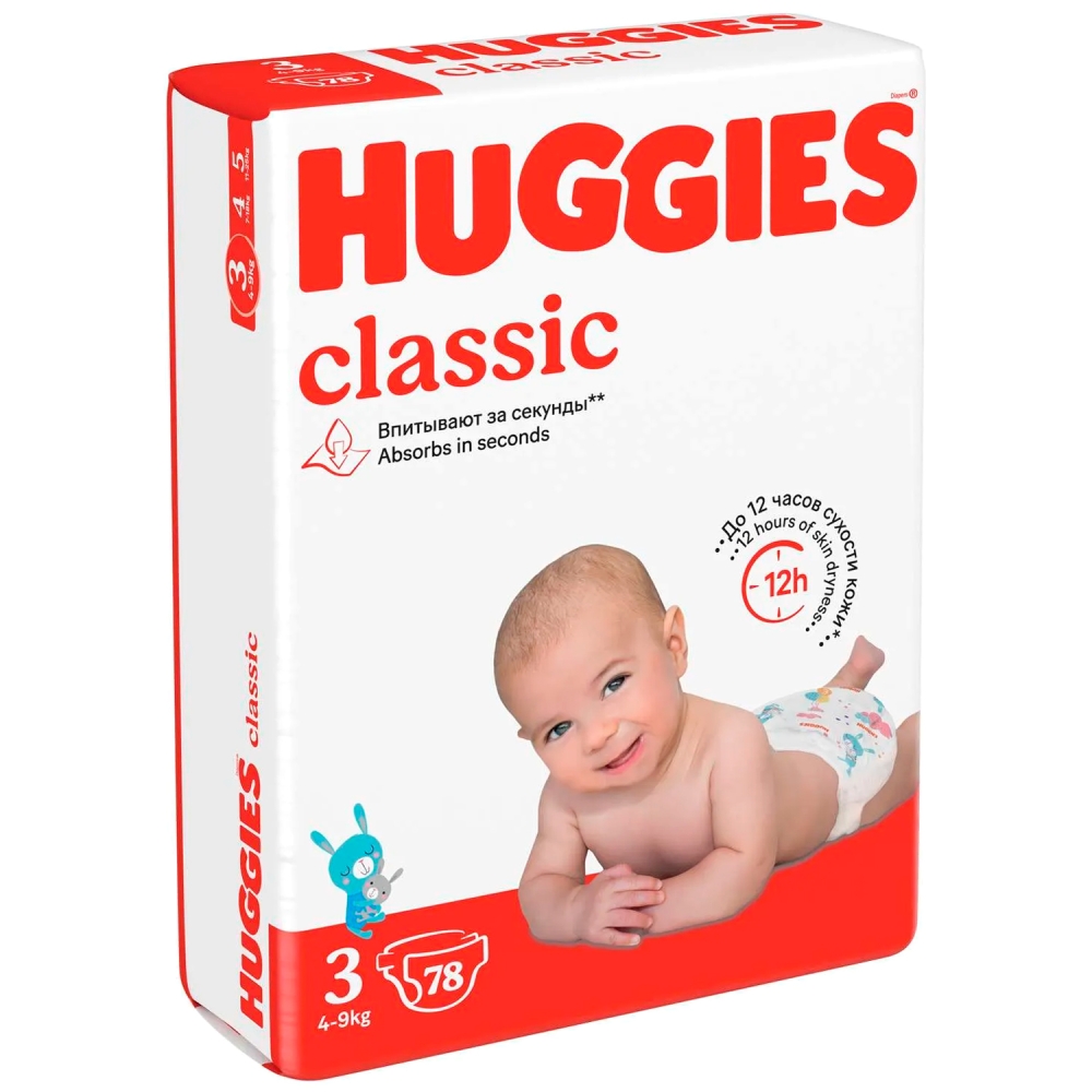 Подгузники Huggies Classic Mega 3 (4-9 кг) 78 шт. Подгузники для детей купить в Продез Сочи