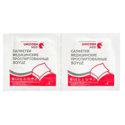 Салфетка спиртовая (этиловый спирт) в инд.упаковке, р.30 х 65 мм, №100 Soyuz Салфетки дезинфицирующие купить в Продез Сочи